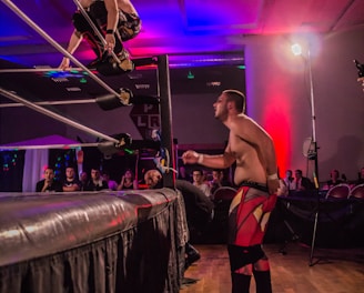 A wrestling match taking place in an indoor venue, where one participant is crouched on the top rope of the ring, while the other stands outside the ring looking at them. A crowd watches the event enthusiastically from their seats.