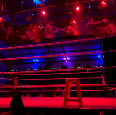 An empty boxing ring is illuminated by dramatic red and blue spotlights inside a dimly-lit arena. A small stool is placed in the center of the ring, surrounded by ropes. The arena is adorned with banners depicting action scenes, and a few silhouettes of spectators can be seen in the background.