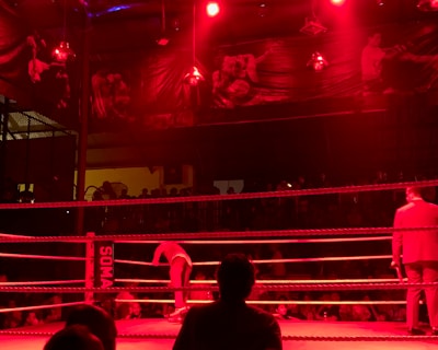 A wrestling ring is illuminated with red lighting, creating a dramatic atmosphere. Several people are visible around the ring, with silhouetted spectators in the foreground. Banners or art adorn the upper walls, and the venue has an industrial ceiling with exposed beams.